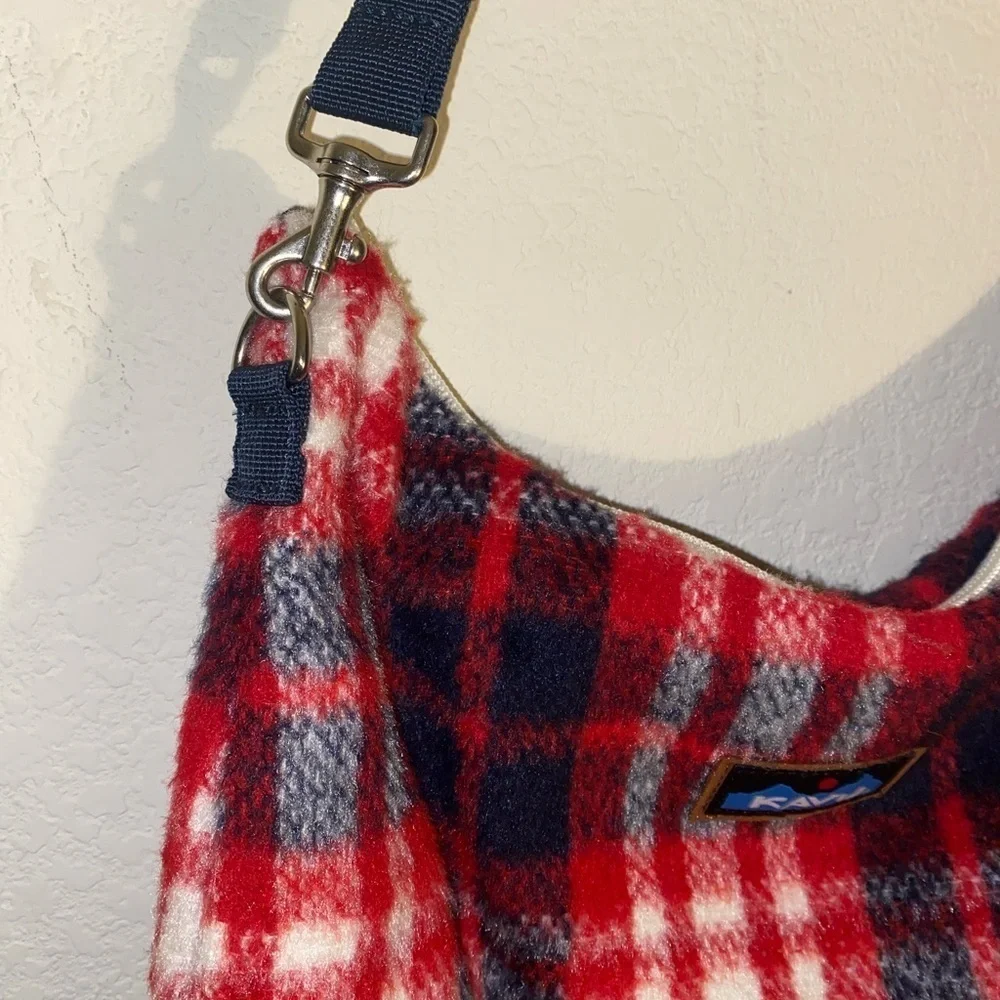 Kavu Fairview Plaid Rope Plush Shoulder Travel Bag Red and Blue Preppy Academia